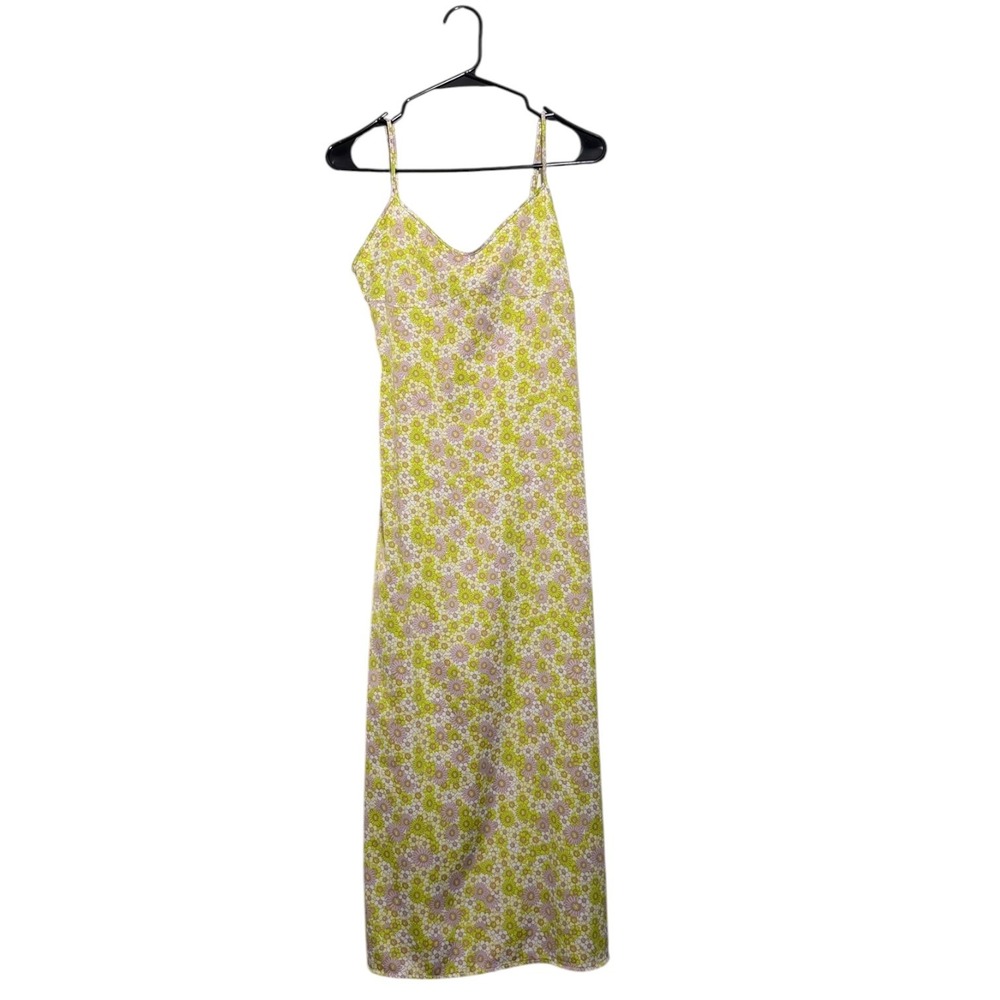Zara 70's Style Floral Midi Slip Dress Lime Green Pink Daisy Open Back Size M - Picture 3 of 8